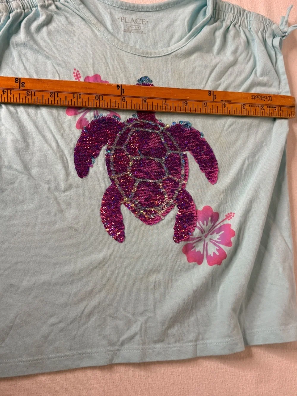 The Children's Place Girls Flip Sequin Sea Turtle Hibiscus Graphic Tee 7/8 Y2K